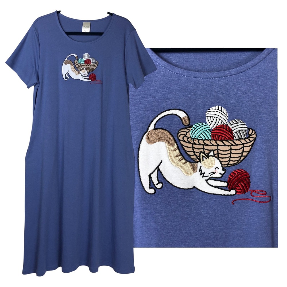 Blair Womens Cat and Yarn Embroidered Shirt Dress Size M Blue Grandmacore Whimsy